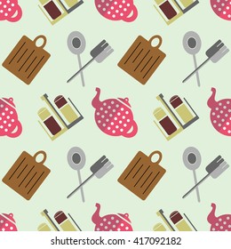 Seamless vector pattern with colorful closeup kitchenware on the grey background. 
