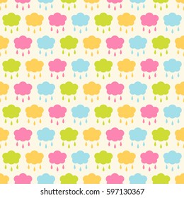 Seamless vector pattern with colorful cloud and drops. For cards, invitations, wedding or baby shower albums, backgrounds, arts and scrapbooks. 