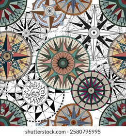 Seamless vector pattern with colorful compass, marine objects, antique navigational devices. Vintage transportation and old adventures concept. No foreign language, all symbols are fictional