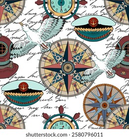 Seamless vector pattern with colorful compass, marine objects, antique navigational devices on white. Vintage transportation and old adventures concept. No foreign language, all symbols are fictional