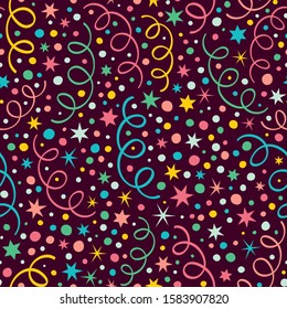 Seamless vector pattern with colorful confetti on a dark background.