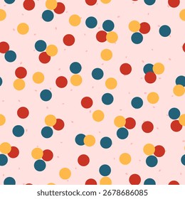 Seamless vector pattern with colorful confetti dots on light background. Playful festive design perfect for celebration, wrapping paper, textiles, and party decoration.