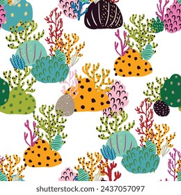 A seamless vector pattern of colorful corals and seaweed in pink and orange hues. An artistic representation of natures beauty, perfect for textile inspired by marine botany. Simple cartoon design