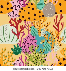 A seamless vector pattern of colorful corals and seaweed in pink and orange hues. An artistic representation of natures beauty, perfect for textile inspired by marine botany. Simple cartoon design