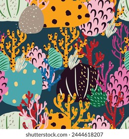 A seamless vector pattern of colorful corals and seaweed in pink and orange hues. An artistic representation of natures beauty, perfect for textile inspired by marine botany. Simple cartoon design