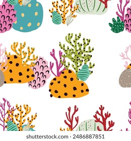 A seamless vector pattern of colorful corals and seaweed in pink and orange hues. An artistic representation of natures beauty, perfect for textile inspired by marine botany. Simple cartoon design