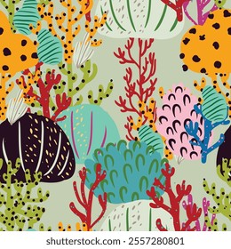 A seamless vector pattern of colorful corals and seaweed in pink and orange hues. An artistic representation of natures beauty, perfect for textile inspired by marine botany. Simple cartoon design