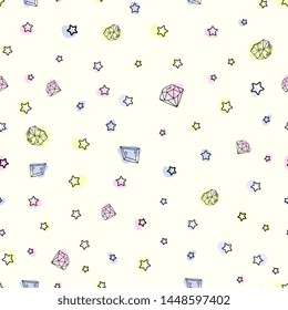 Seamless vector pattern - colorful crystals or gems, on white background, endless texture with gemstones, stars, diamonds, hand drawn or doodle illustration