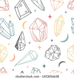 Seamless vector pattern - colorful crystals or gems, on white background, endless texture with gemstones, stars, diamonds, hand drawn or doodle illustration