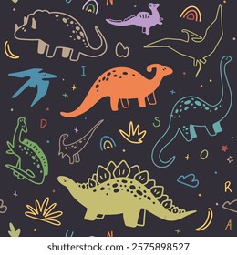 Seamless vector pattern of colorful cute dinosaurs and tiny doodles on a dark background, vector illustration