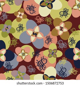 Seamless vector pattern with colorful decorative bees and flowers. The design is perfect for wallpaper, backgrounds, wrapping paper, sheets, clothes, stationery and decorations. 