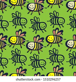 Seamless vector pattern with colorful decorative bees. The design is perfect for wallpaper, backgrounds, wrapping paper, sheets, clothes, stationery and decorations.