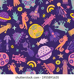 Seamless vector pattern colorful design detailed illustration of aliens, spaceships and planets in bright tones. The design is perfect for wallpaper, wrapping paper, packaging, textiles, clothes