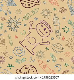 Seamless vector pattern colorful design of outer space with lined aliens, rockets, stars and planets in pastel tones. The design is perfect for packaging, wallpaper, wrapping paper, decorations