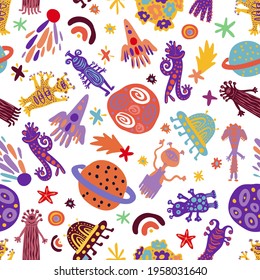 Seamless vector pattern colorful design detailed illustration of aliens, spaceships and planets in bright tones. The design is perfect for wallpaper, wrapping paper, packaging, textiles, clothes