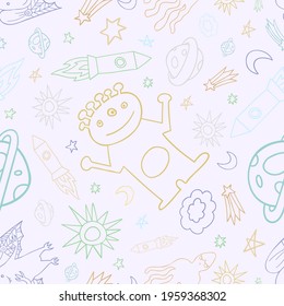 Seamless vector pattern colorful design of outer space with lined aliens, rockets, stars and planets in pastel tones. The design is perfect for packaging, wallpaper, wrapping paper, decorations