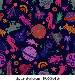 Seamless vector pattern colorful design detailed illustration of aliens, spaceships and planets in bright tones. The design is perfect for wallpaper, wrapping paper, packaging, textiles, clothes