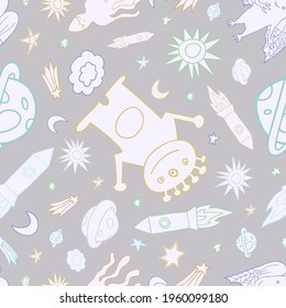 Seamless vector pattern colorful design of outer space with lined aliens, rockets, stars and planets in pastel tones. The design is perfect for packaging, wallpaper, wrapping paper, decorations