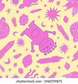 Seamless vector pattern colorful design of outer space with lined aliens, rockets, stars and planets in pastel tones. The design is perfect for packaging, wallpaper, wrapping paper, decorations