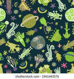 Seamless vector pattern colorful design detailed illustration of aliens, spaceships and planets in green tones. The design is perfect for wallpaper, wrapping paper, packaging, textiles, clothes