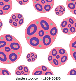 Seamless vector pattern colorful design illustration abstract pink planets and asteroids on white background. The design is perfect for wallpaper, wrapping paper, packaging, textiles, clothes