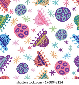 Seamless vector pattern colorful design detailed illustration of ufo, spaceships and planets in bright tones. The design is perfect for wallpaper, wrapping paper, packaging, textiles, clothes