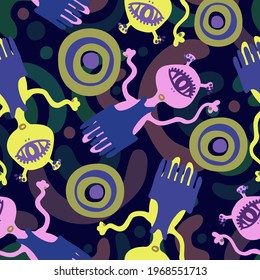 Seamless vector pattern colorful design detailed illustration of aliens in bright tones on dark background. The design is perfect for wallpaper, wrapping paper, packaging, textiles, clothes