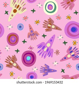 Seamless vector pattern colorful design detailed illustration of rockets, spaceships and planets in bright tones. The design is perfect for wallpaper, wrapping paper, packaging, textiles, clothes