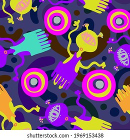 Seamless vector pattern colorful design detailed illustration of aliens in bright tones on dark background. The design is perfect for wallpaper, wrapping paper, packaging, textiles, clothes