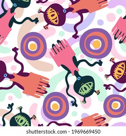 Seamless vector pattern colorful design detailed illustration of aliens in bright tones on white background. The design is perfect for wallpaper, wrapping paper, packaging, textiles, clothes