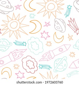 Seamless vector pattern colorful design of outer space with lined clouds, rockets, stars and planets in pastel tones. The design is perfect for packaging, wallpaper, wrapping paper, decorations