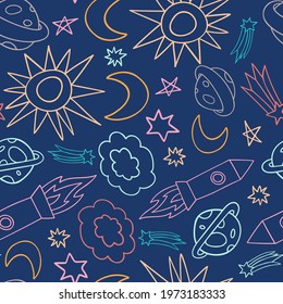 Seamless vector pattern colorful design of outer space with lined clouds, rockets, stars and planets in pastel tones on blue. Design is perfect for packaging, wallpaper, wrapping paper, decorations