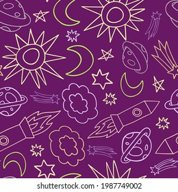 Seamless vector pattern colorful design of outer space with lined clouds, rockets, stars and planets in pastel tones on dark. Design is perfect for packaging, wallpaper, wrapping paper, decorations