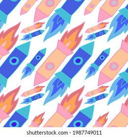 Seamless vector pattern colorful design of outer space with lined rockets in pastel blue and pink tones on white background. Design is perfect for packaging, wallpaper, wrapping paper, decorations