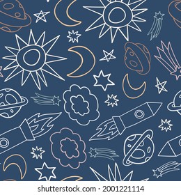 Seamless vector pattern colorful design of outer space with lined clouds, rockets, stars and planets in pastel tones on blue. Design is perfect for packaging, wallpaper, wrapping paper, decorations