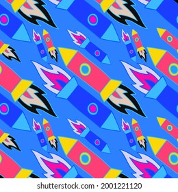 Seamless vector pattern colorful design of outer space with lined rockets in bright blue and pink tones on white background. Design is perfect for packaging, wallpaper, wrapping paper, decorations