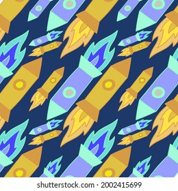 Seamless vector pattern colorful design of outer space with lined rockets in pastel blue and yellow tones on dark background. Design is perfect for packaging, wallpaper, wrapping paper, decorations