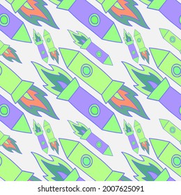 Seamless vector pattern colorful design of outer space with lined rockets in pastel green and purple tones. Design is perfect for packaging, wallpaper, wrapping paper, decorations