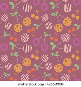 Seamless vector pattern with colorful different decorative ornamental cherries on the violet background. Repeating ornament. Series of Fruits and Vegetables Seamless Patterns.