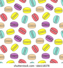 Seamless vector pattern colorful doodle macarons scattered in different directions on white background, cute, fabric, gift wrapping, wallpaper, kids