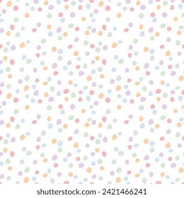 Seamless vector pattern with colorful dots. Abstract confetti texture. Cute hand drawn childish background for wrapping paper, textile, print, fabric, wallpaper, card, gift, apparel, packaging.