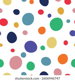 Seamless vector pattern with colorful dots on a light background. Bright abstract design in red, yellow, green, blue, and purple. Perfect for textiles, gift wrapping, kids' products, and festive decor