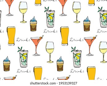 Seamless vector pattern with colorful drinks in line art style