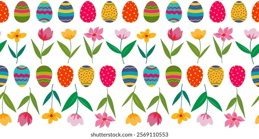 Seamless vector pattern with colorful Easter Easter eggs and flowers - tulips and daffodils arranged in a row. Saturated colors on a white background