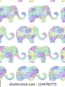 Seamless vector pattern with colorful elephants on white background