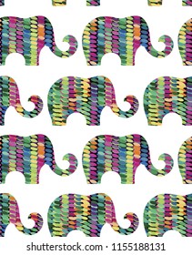 Seamless vector pattern with colorful elephants on white background