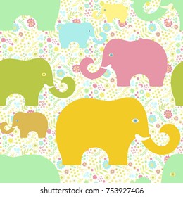 Seamless vector pattern with colorful elephants on floral meadow