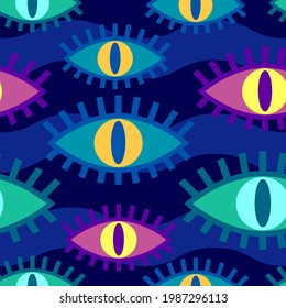 Seamless vector pattern of colorful eyes on a dark blue background. Simple geometric pattern.