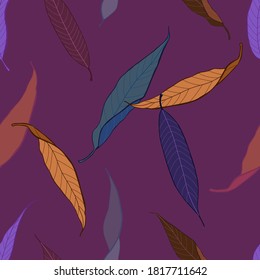 Seamless vector pattern of colorful falling autumn leaves on a purple background