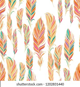 Seamless vector pattern with colorful   feathers on white background